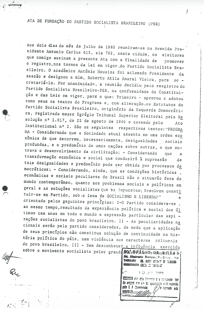 Ata de Fundação do Partido Socialista Brasileiro (PSB)